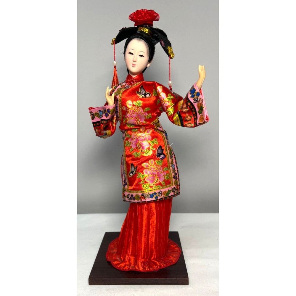 Oriental Geisha Doll In Red Silk Kimono With Floral & Butterfly Embroidery On Wo